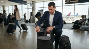 A business traveler in an airport terminal accessing a hardside carry-on with front laptop compartment before boarding.
