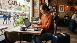 A remote worker sitting at a coffee shop table next to their hardside carry-on with front laptop compartment.