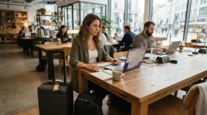 Entrepreneur working in a modern coworking space with their hardside carry-on with front laptop compartment nearby.