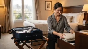 Unpacking a hardside carry-on with front laptop compartment on a luggage rack inside a contemporary hotel room.
