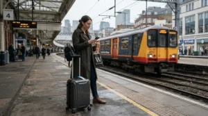 Commuter waiting on a train platform with a sleek hardside carry-on with front laptop compartment.