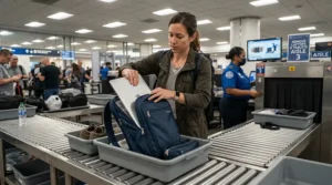 A traveler at a TSA security checkpoint opening the hardside carry-on with front laptop compartment.